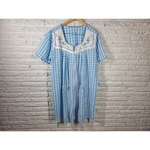 Marisol Womens Robe 1X Plus House Dress Embroidered Sleeve Blue Plaid PLA15XE